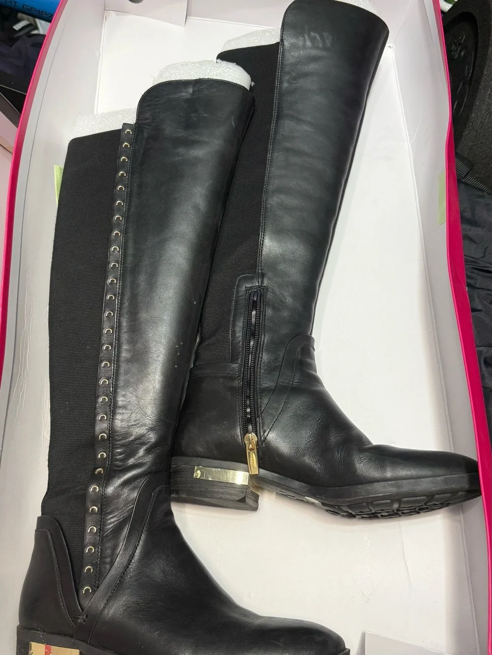 Vince Camuto Black Leather Over-the-Knee Boots with Gold Accent